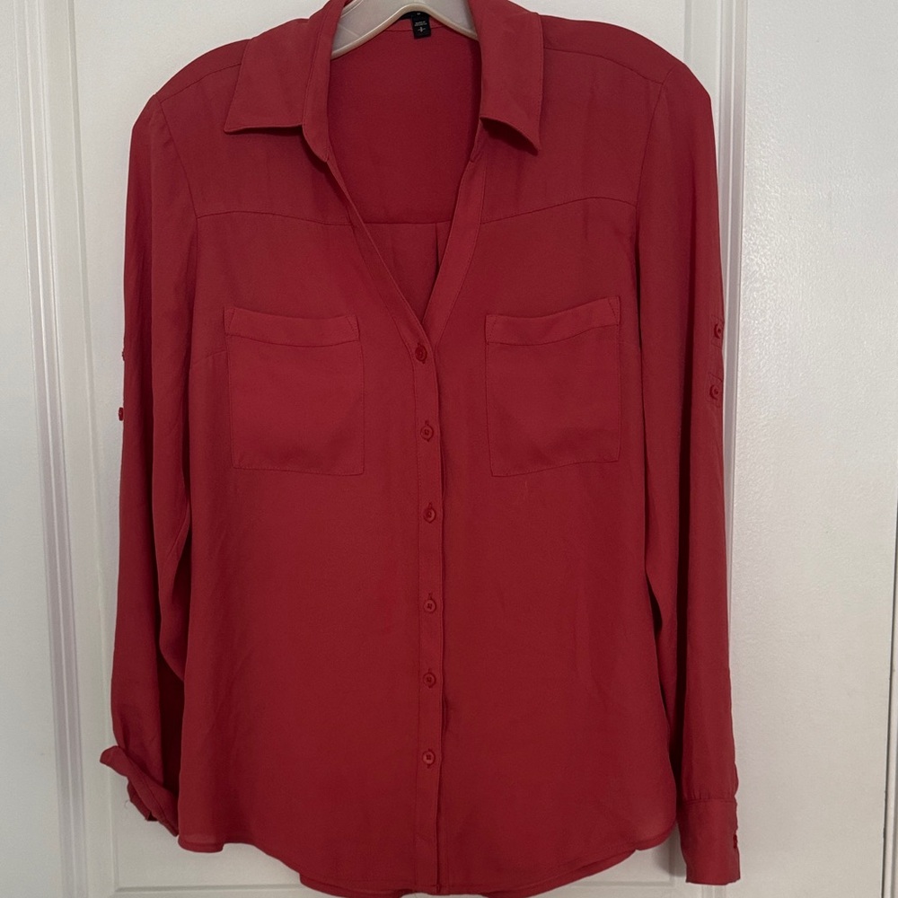 Women's Coral Red Button-Up Blouse